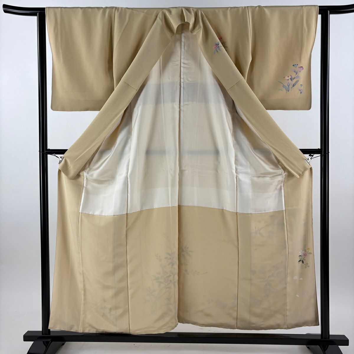 訪問服 身長156cm 袖長62.5cm S 雙層 落款あり 菊花 枝花 漸層 米色 純蠶絲 優品級