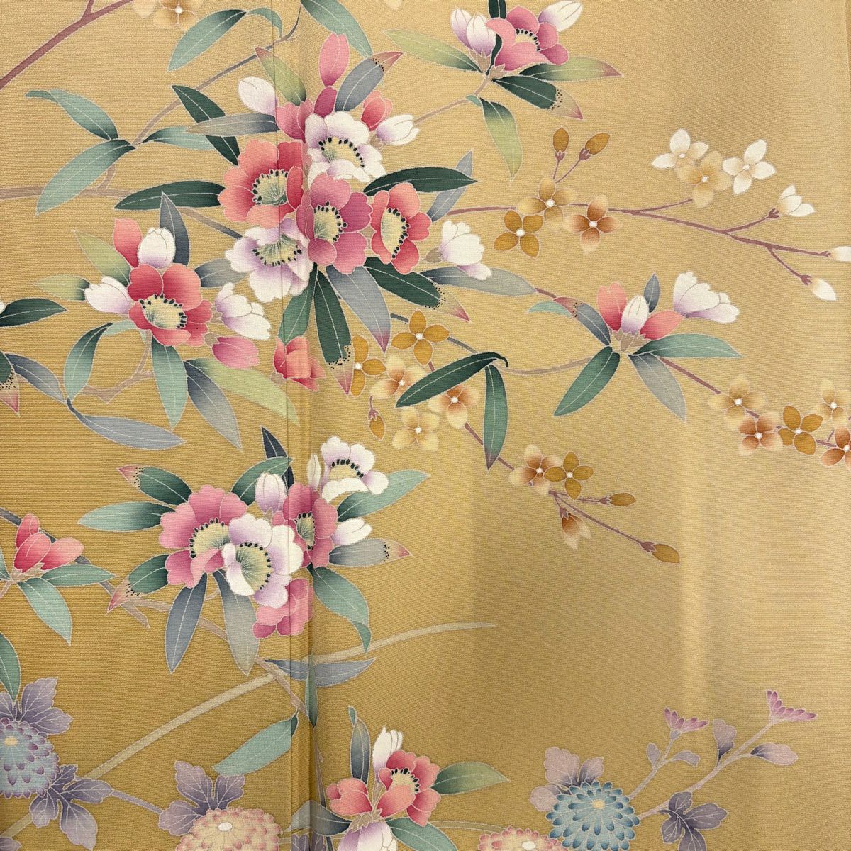 訪問服 身長156cm 袖長62.5cm S 雙層 落款あり 菊花 枝花 漸層 米色 純蠶絲 優品級