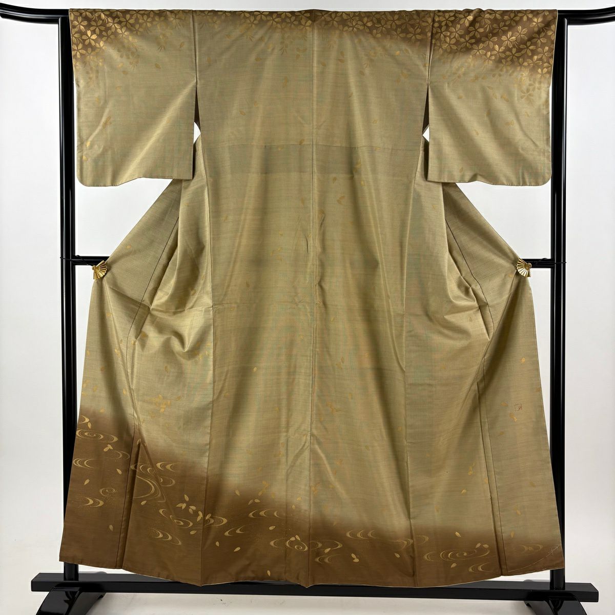 【美品】訪問服 身長156.5cm 袖長64cm M 雙層 紬織織 落款 花瓣 流水 金銀彩 漸層 米色 純蠶絲 優品級