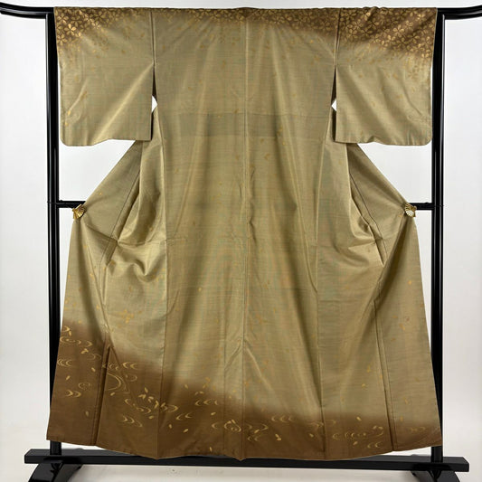 【美品】訪問服 身長156.5cm 袖長64cm M 雙層 紬織織 落款 花瓣 流水 金銀彩 漸層 米色 純蠶絲 優品級
