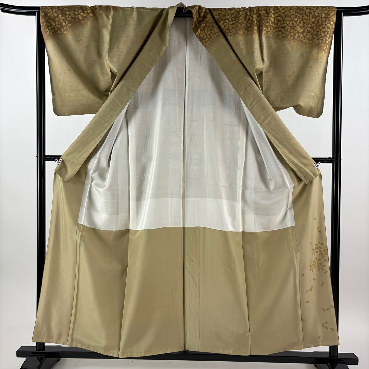 【美品】訪問服 身長156.5cm 袖長64cm M 雙層 紬織織 落款 花瓣 流水 金銀彩 漸層 米色 純蠶絲 優品級