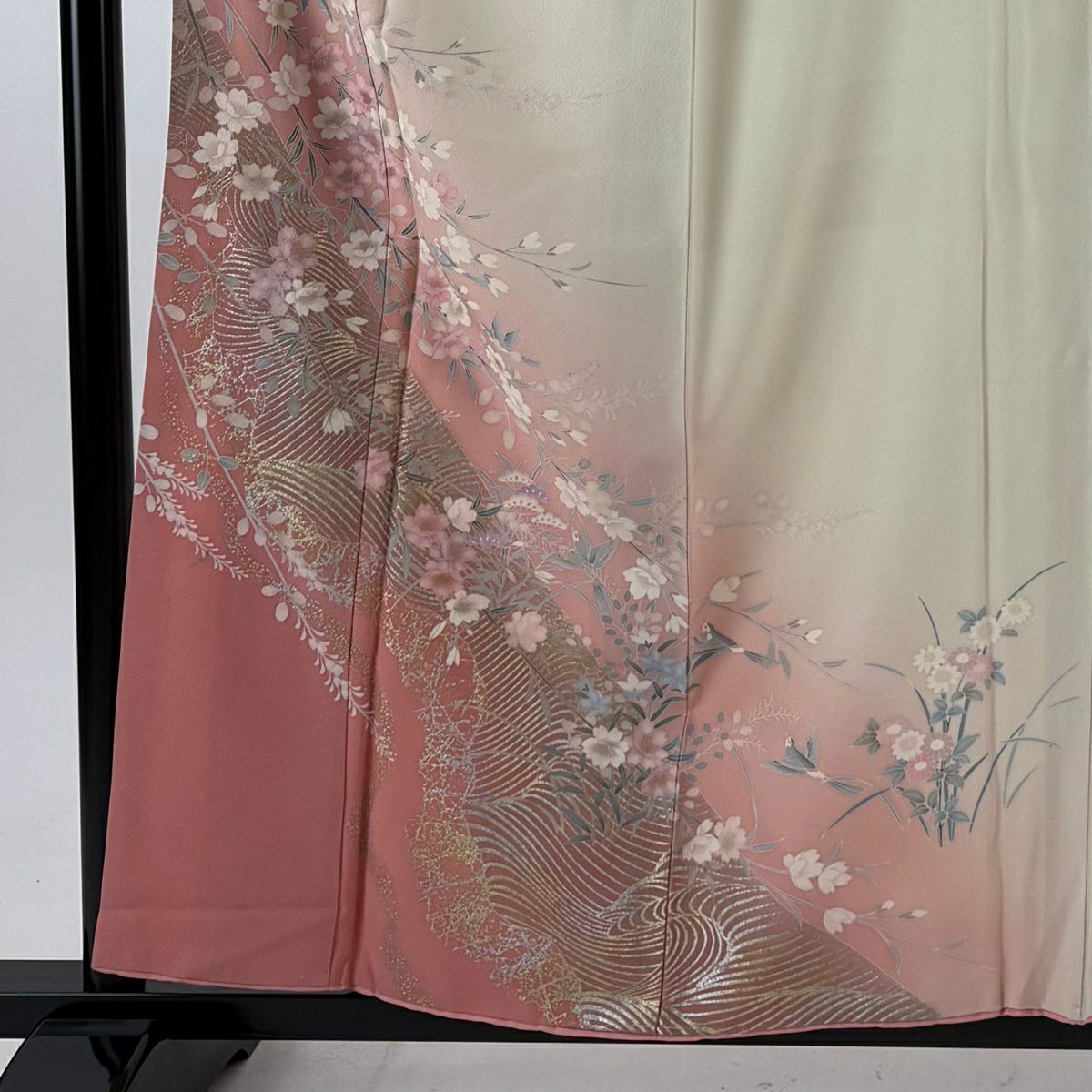 訪問服 身長158cm 袖長64cm M 雙層 櫻花 鳥 金銀彩 染分 裸色 純蠶絲 優品級