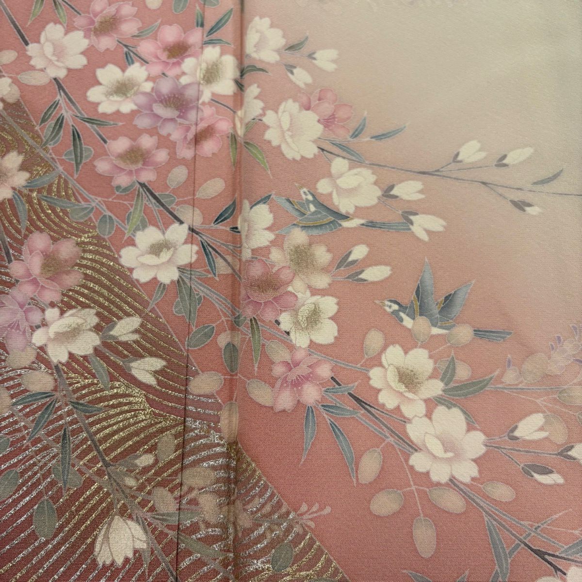 訪問服 身長158cm 袖長64cm M 雙層 櫻花 鳥 金銀彩 染分 裸色 純蠶絲 優品級