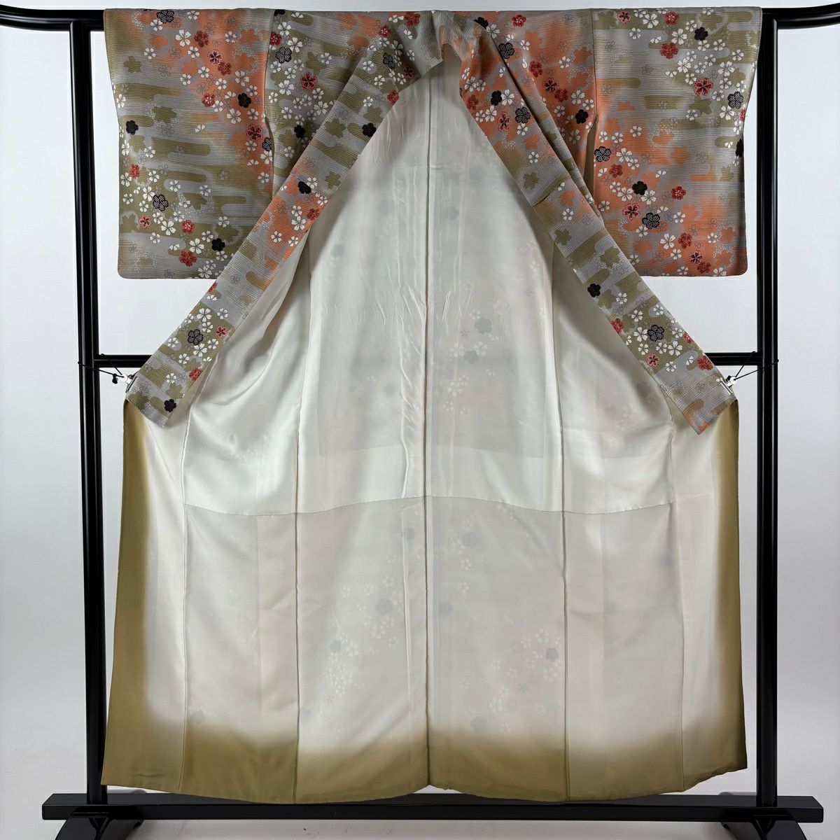 小紋 身長156cm 袖長61.5cm S 雙層 櫻花 霞 金銀彩 灰茶 純蠶絲 秀品級
