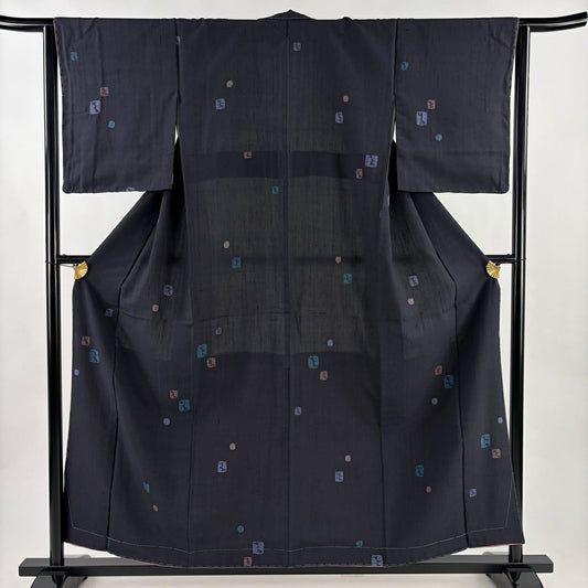 【美品】 小紋 身長158cm 袖長64cm M 雙層 幾何學圖案 絞染 墨色 純蠶絲 秀品級