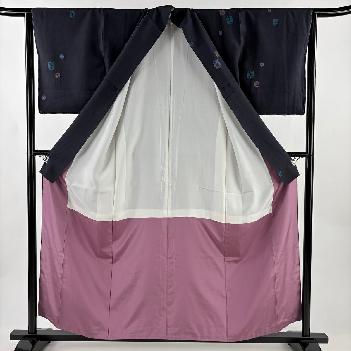 【美品】 小紋 身長158cm 袖長64cm M 雙層 幾何學圖案 絞染 墨色 純蠶絲 秀品級