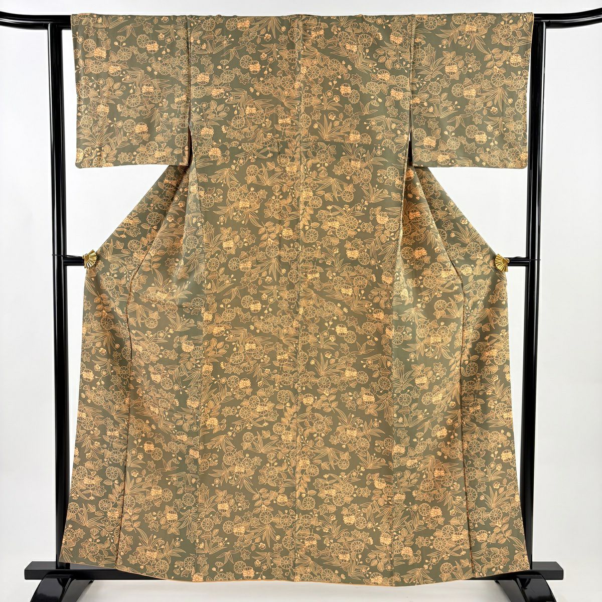 小紋 身長160cm 袖長62.5cm S 雙層 菊花 梅花 灰綠 純蠶絲 秀品級