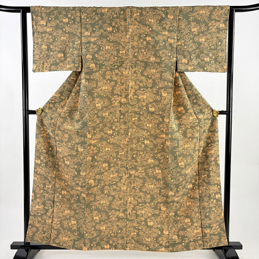 小紋 身長160cm 袖長62.5cm S 雙層 菊花 梅花 灰綠 純蠶絲 秀品級