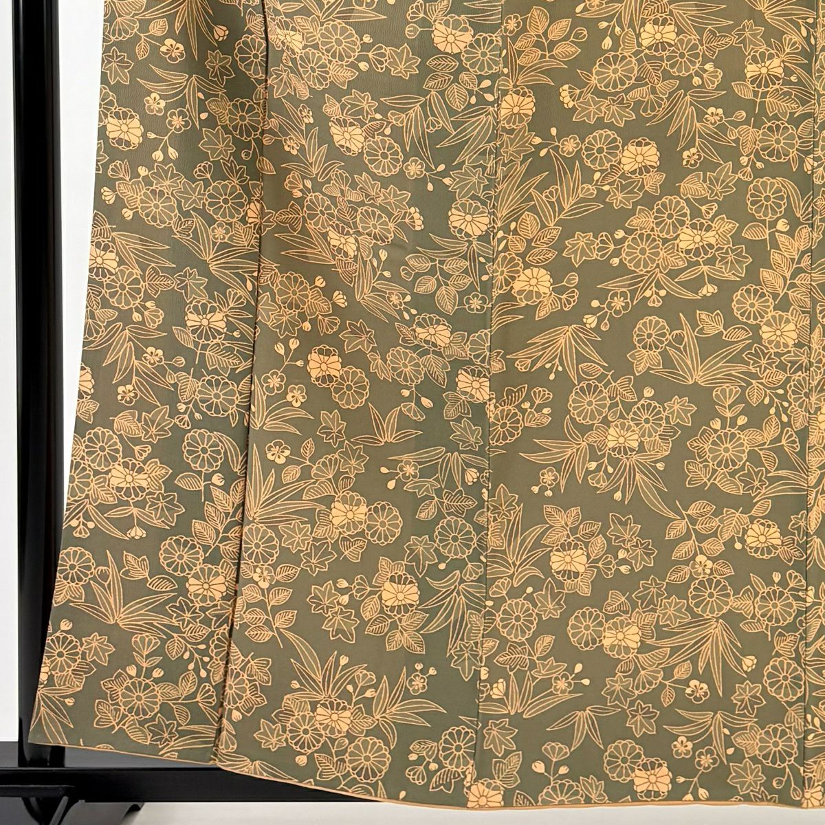 小紋 身長160cm 袖長62.5cm S 雙層 菊花 梅花 灰綠 純蠶絲 秀品級