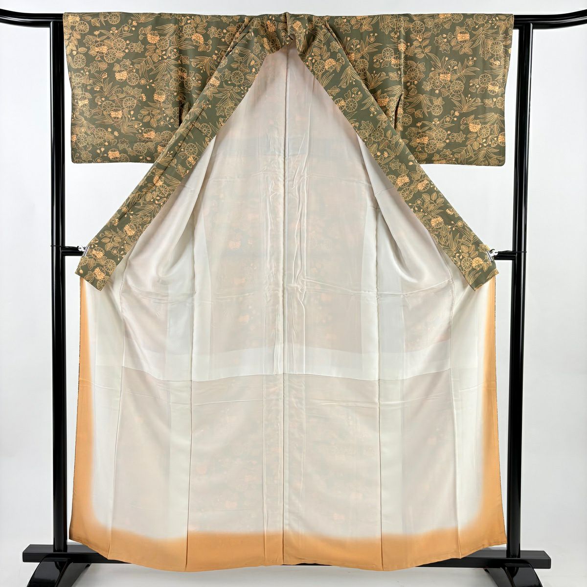 小紋 身長160cm 袖長62.5cm S 雙層 菊花 梅花 灰綠 純蠶絲 秀品級