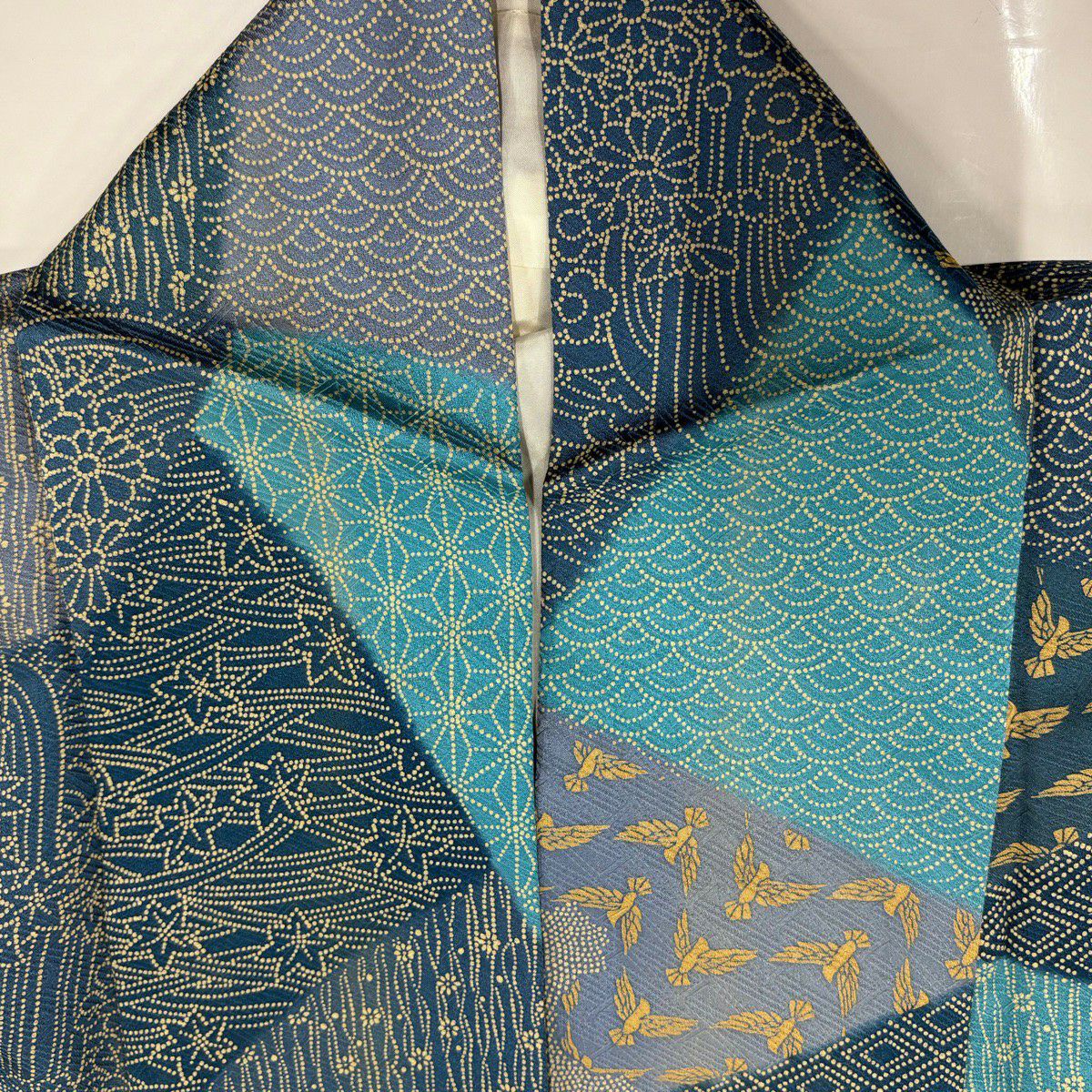 小紋 身長157cm 袖長65cm M 雙層 鳥 有職紋樣 青綠 純蠶絲 秀品級