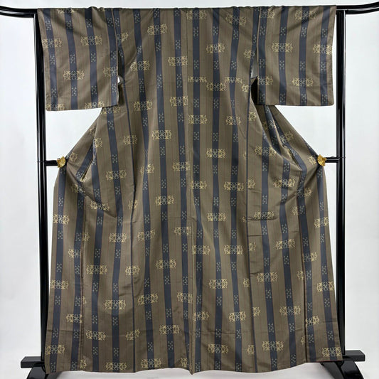 【美品】 紬織 身長163cm 袖長64cm M 雙層 縱條 麻葉 薄茶 純蠶絲 秀品級