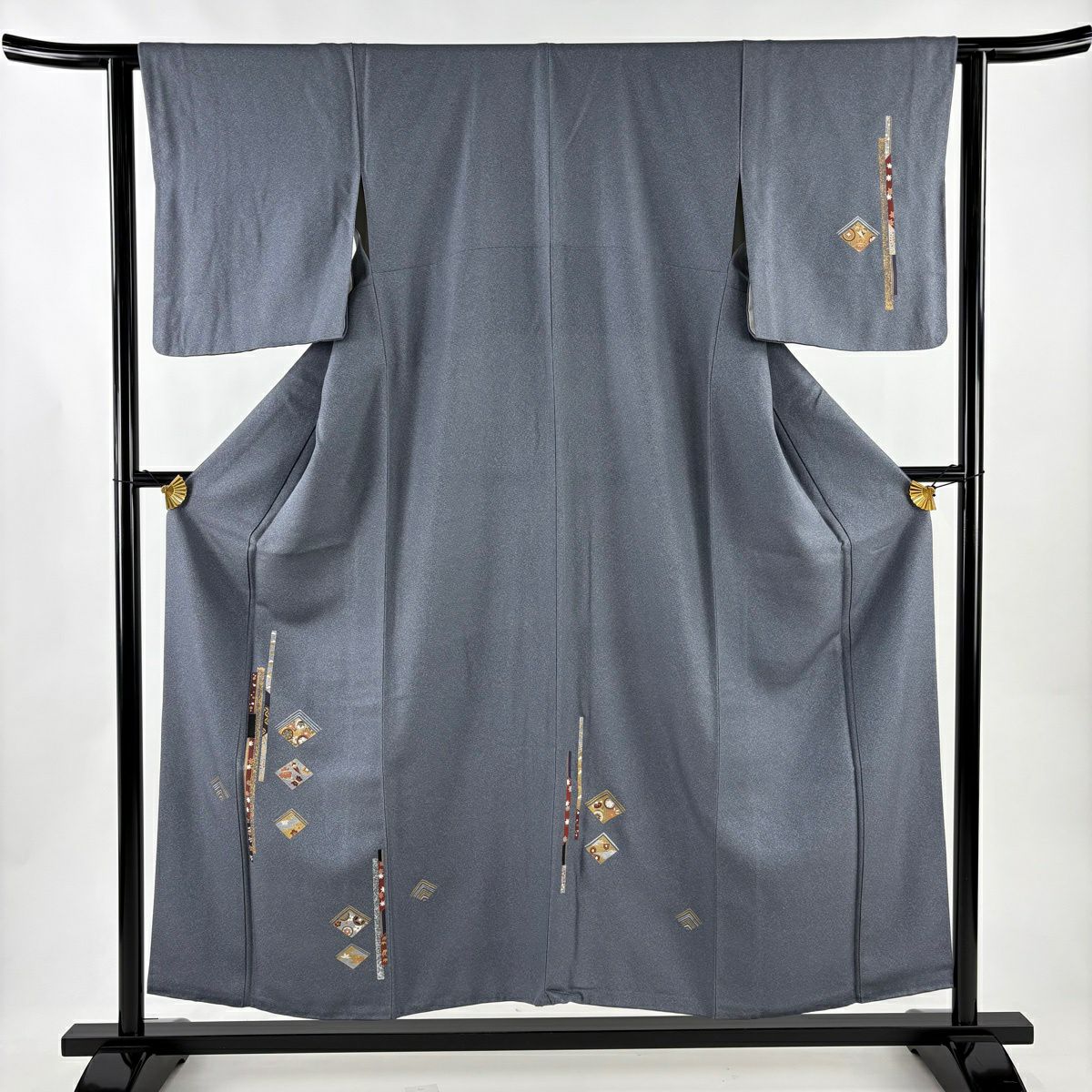 付下 身長154cm 袖長62cm S 雙層 寶盡くし 草花紋紋 金銀彩 青灰 純蠶絲 優品級