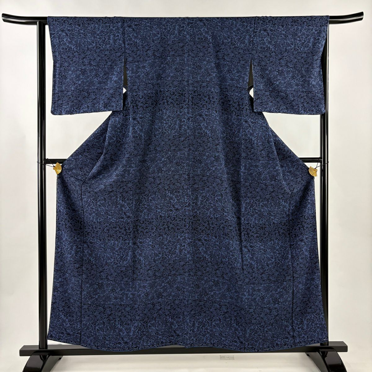 【美品】 小紋 身長158cm 袖長64cm M 雙層 花唐草紋 縞 絞緬 藍色 純蠶絲 秀品級