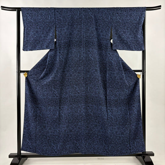 【美品】 小紋 身長158cm 袖長64cm M 雙層 花唐草紋 縞 絞緬 藍色 純蠶絲 秀品級