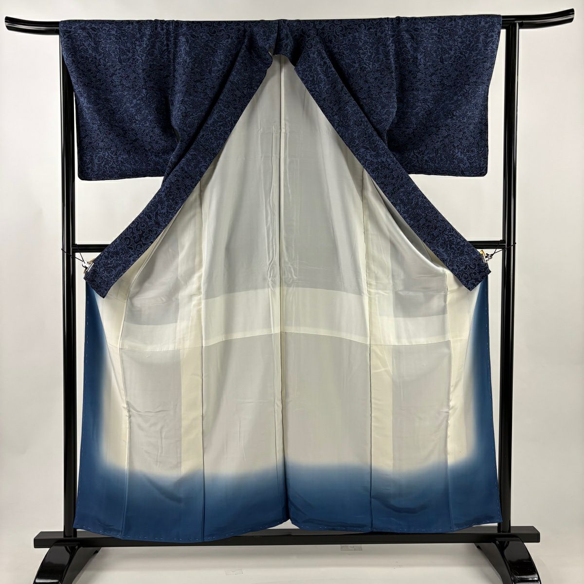 【美品】 小紋 身長158cm 袖長64cm M 雙層 花唐草紋 縞 絞緬 藍色 純蠶絲 秀品級