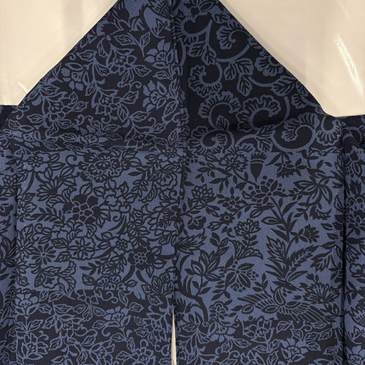 【美品】 小紋 身長158cm 袖長64cm M 雙層 花唐草紋 縞 絞緬 藍色 純蠶絲 秀品級