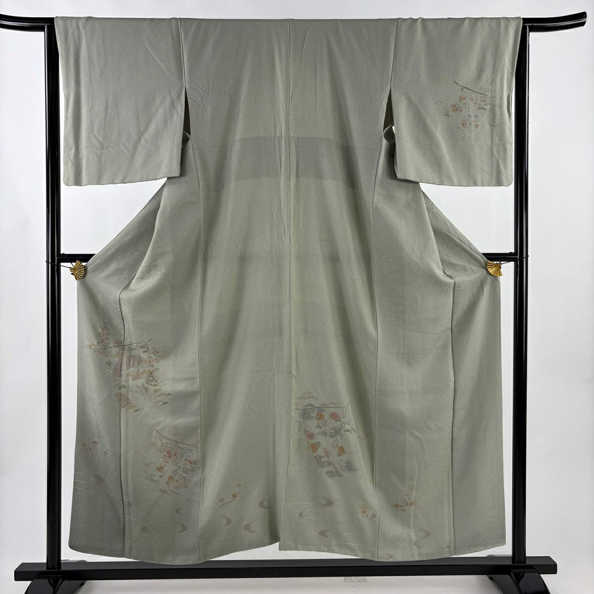 付下 身長153cm 袖長64cm M 雙層 幾帳 草花紋紋 刺繡 灰綠 純蠶絲 秀品級