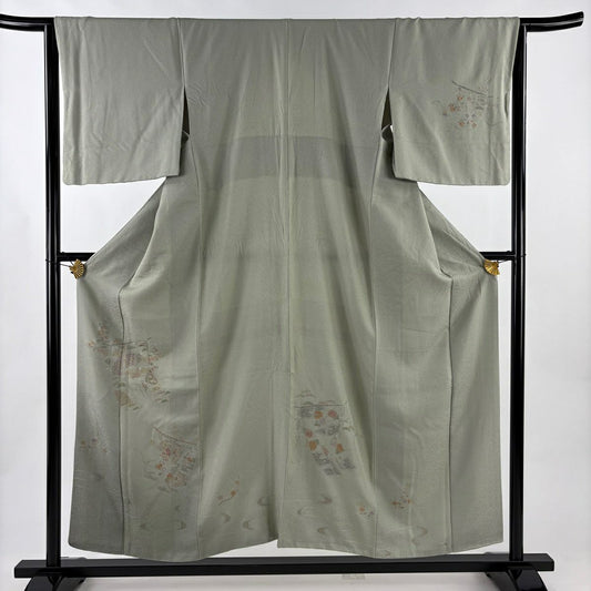 付下 身長153cm 袖長64cm M 雙層 幾帳 草花紋紋 刺繡 灰綠 純蠶絲 秀品級