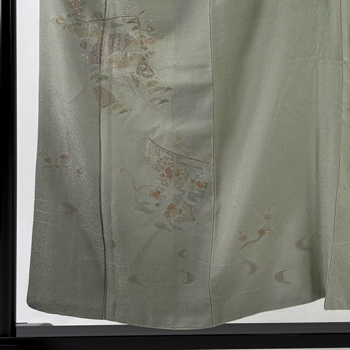付下 身長153cm 袖長64cm M 雙層 幾帳 草花紋紋 刺繡 灰綠 純蠶絲 秀品級