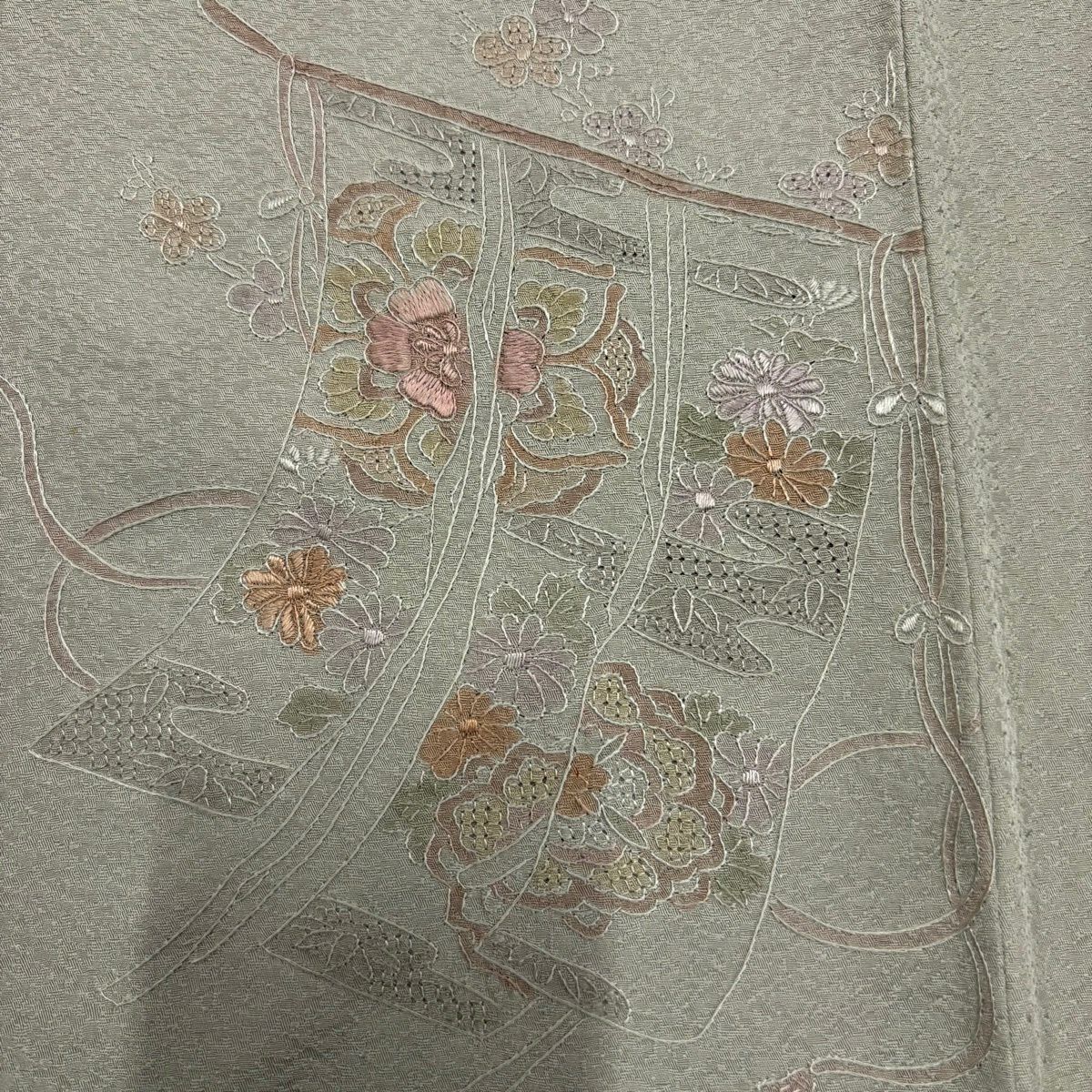 付下 身長153cm 袖長64cm M 雙層 幾帳 草花紋紋 刺繡 灰綠 純蠶絲 秀品級