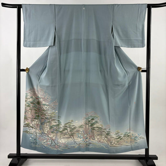 色留袖禮服 身長153cm 袖長62cm S 雙層 落款有 松樹竹子梅花 鳥 染分 ぼかし 水藍色 純蠶絲 秀品級 一つ紋