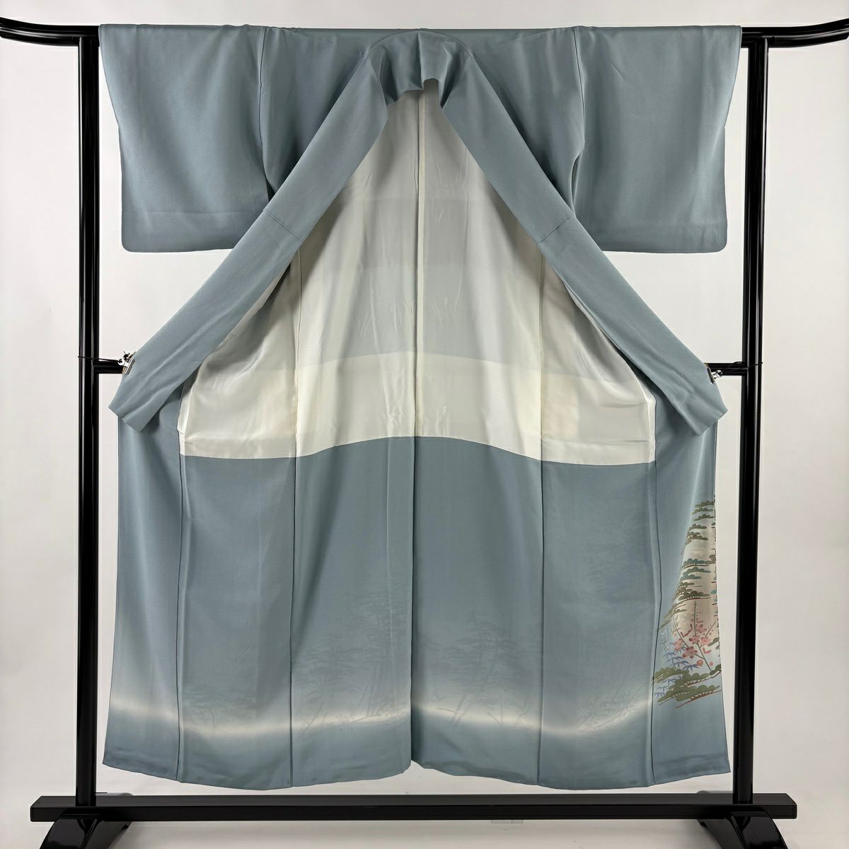 色留袖禮服 身長153cm 袖長62cm S 雙層 落款有 松樹竹子梅花 鳥 染分 ぼかし 水藍色 純蠶絲 秀品級 一つ紋