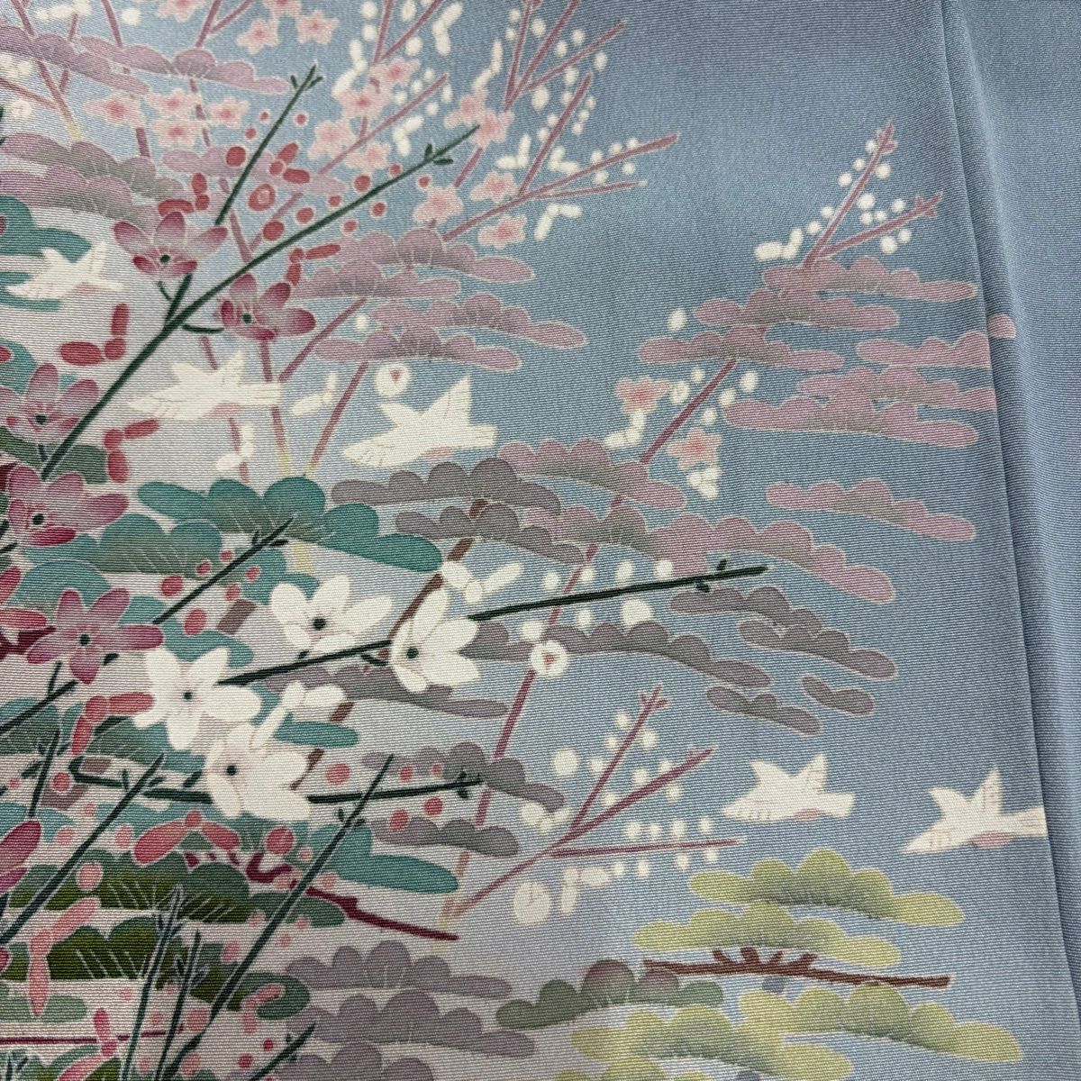 色留袖禮服 身長153cm 袖長62cm S 雙層 落款有 松樹竹子梅花 鳥 染分 ぼかし 水藍色 純蠶絲 秀品級 一つ紋