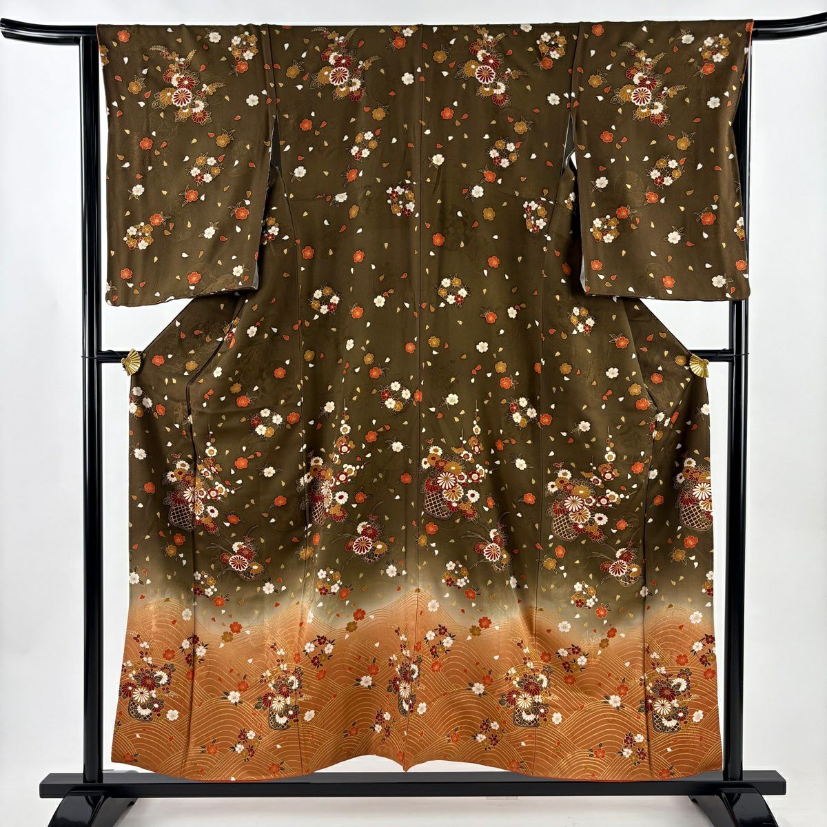 訪問服 身長155cm 袖長64.5cm M 雙層 花籠 櫻花 金銀彩 漸層 茶 純蠶絲 優品級
