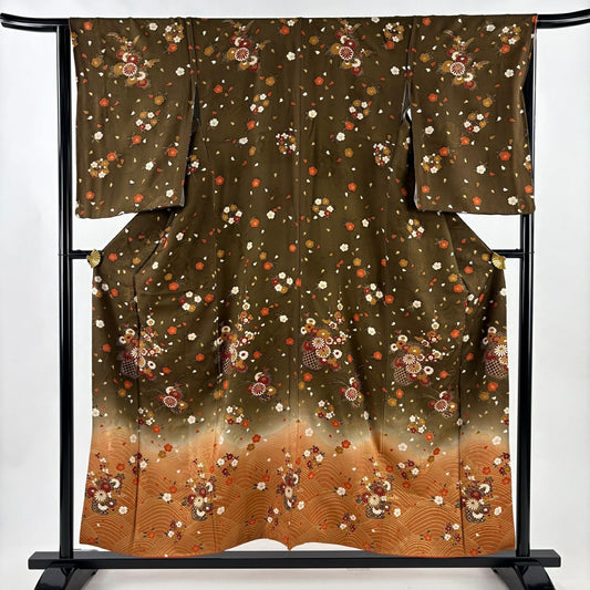 訪問服 身長155cm 袖長64.5cm M 雙層 花籠 櫻花 金銀彩 漸層 茶 純蠶絲 優品級