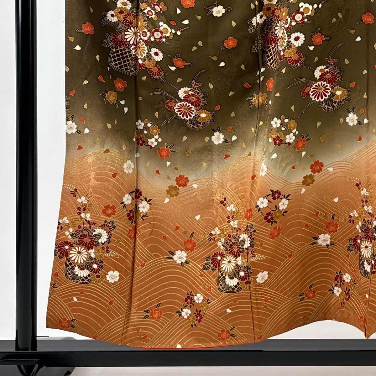 訪問服 身長155cm 袖長64.5cm M 雙層 花籠 櫻花 金銀彩 漸層 茶 純蠶絲 優品級
