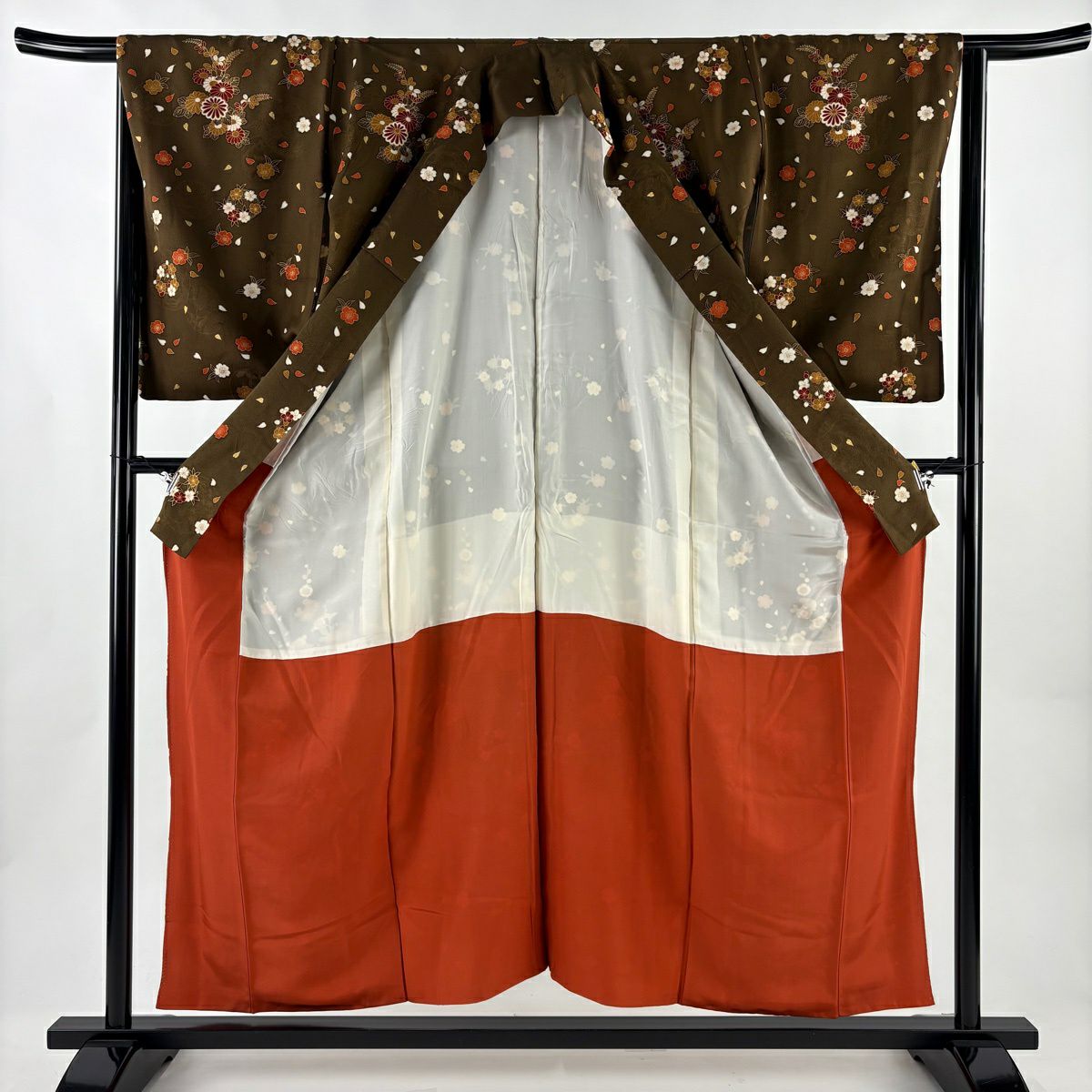 訪問服 身長155cm 袖長64.5cm M 雙層 花籠 櫻花 金銀彩 漸層 茶 純蠶絲 優品級