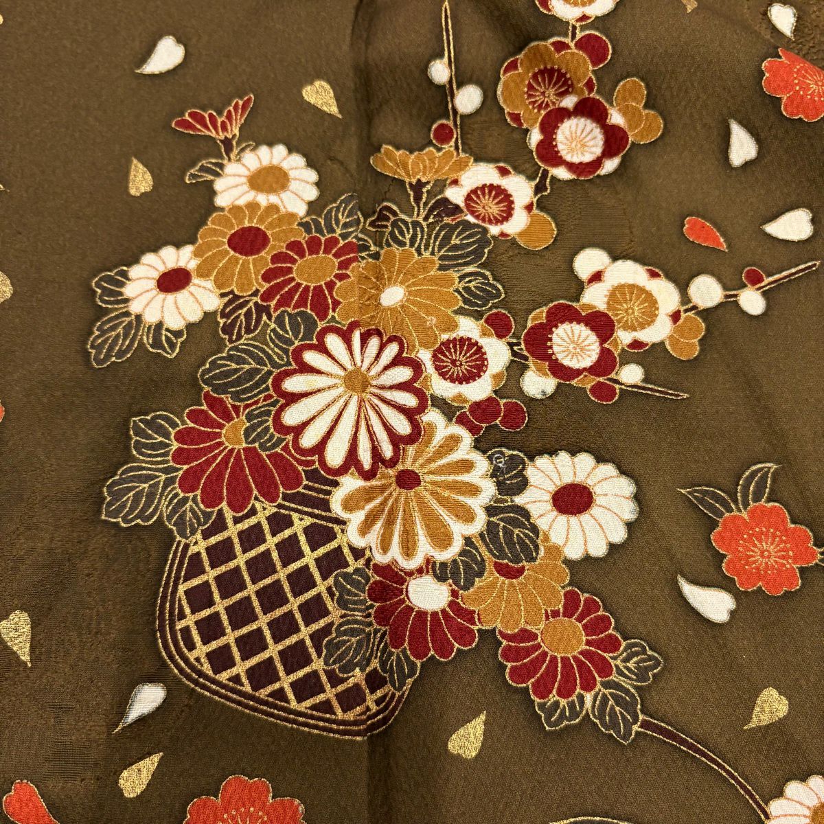 訪問服 身長155cm 袖長64.5cm M 雙層 花籠 櫻花 金銀彩 漸層 茶 純蠶絲 優品級