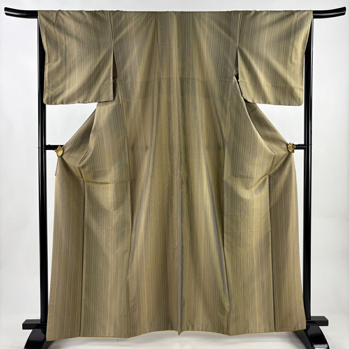 【美品】 紬織 身長165cm 袖長66cm M 雙層 縞 茶綠 純蠶絲 秀品級