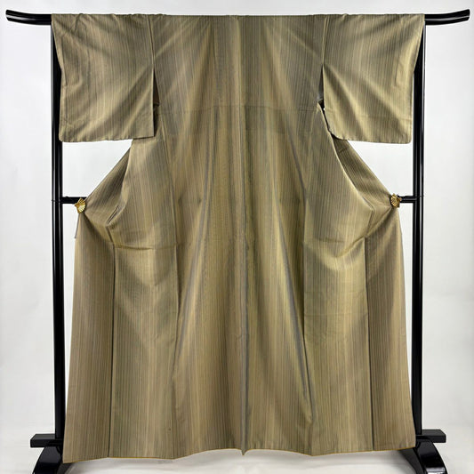 【美品】 紬織 身長165cm 袖長66cm M 雙層 縞 茶綠 純蠶絲 秀品級