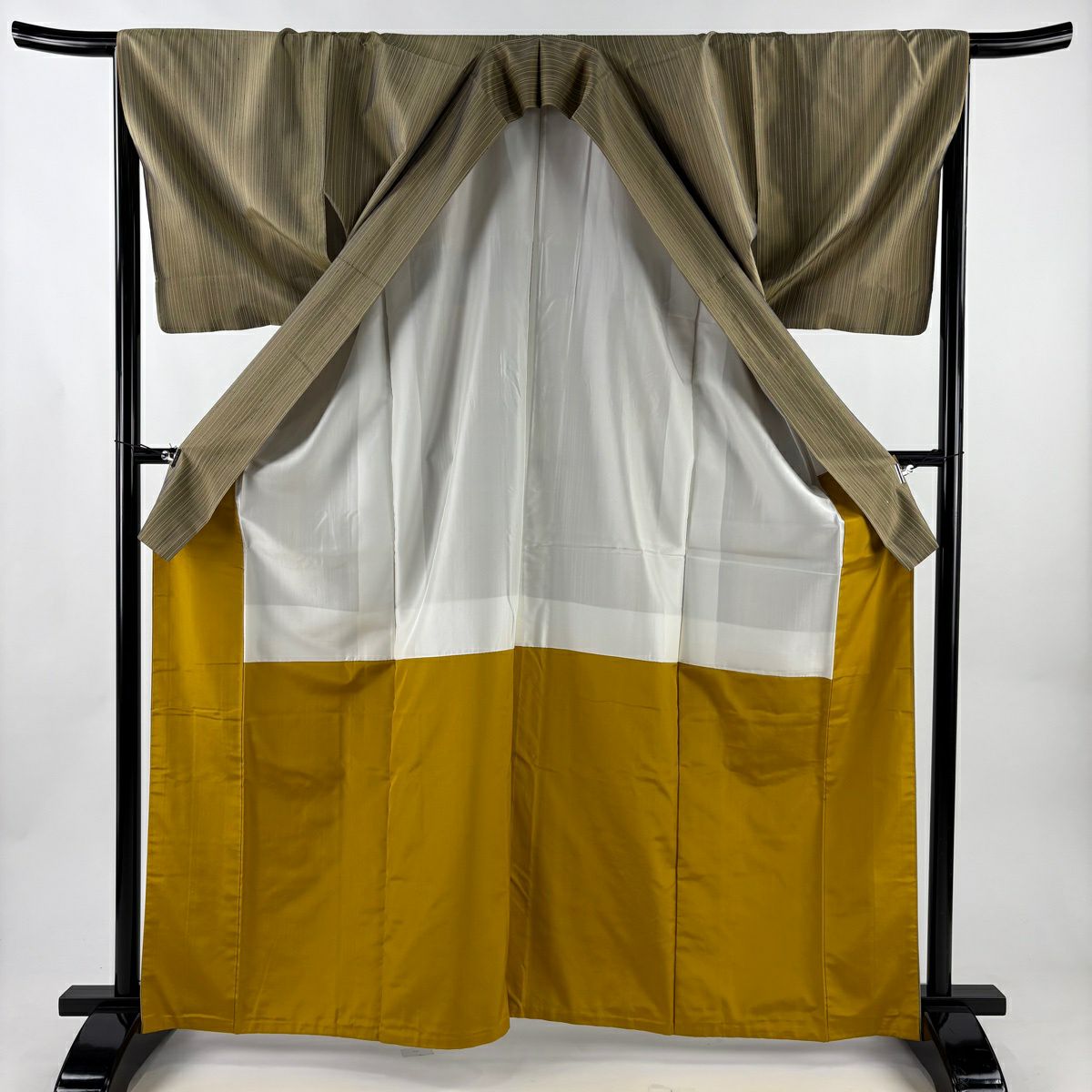 【美品】 紬織 身長165cm 袖長66cm M 雙層 縞 茶綠 純蠶絲 秀品級