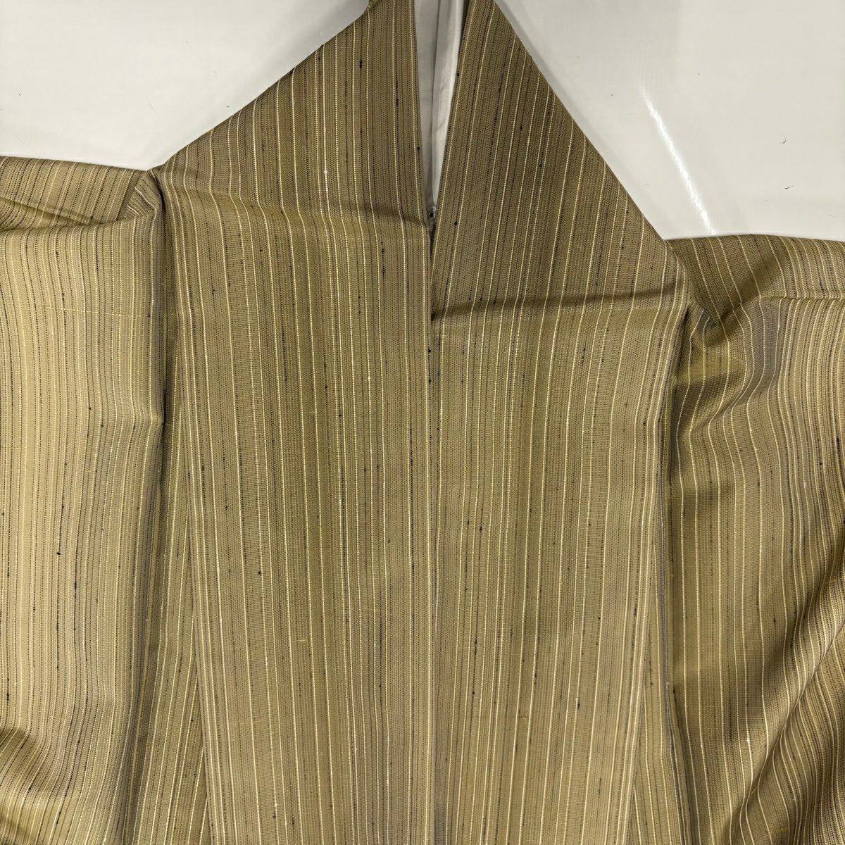 【美品】 紬織 身長165cm 袖長66cm M 雙層 縞 茶綠 純蠶絲 秀品級
