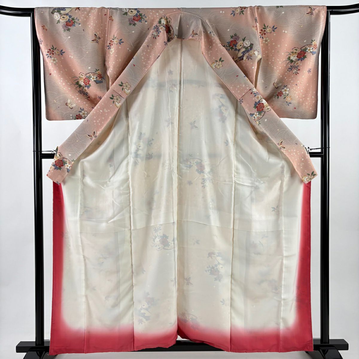 小紋 身長160.5cm 袖長65.5cm M 雙層 櫻花 蝴蝶 金銀彩 漸層 粉紅 純蠶絲 優品級