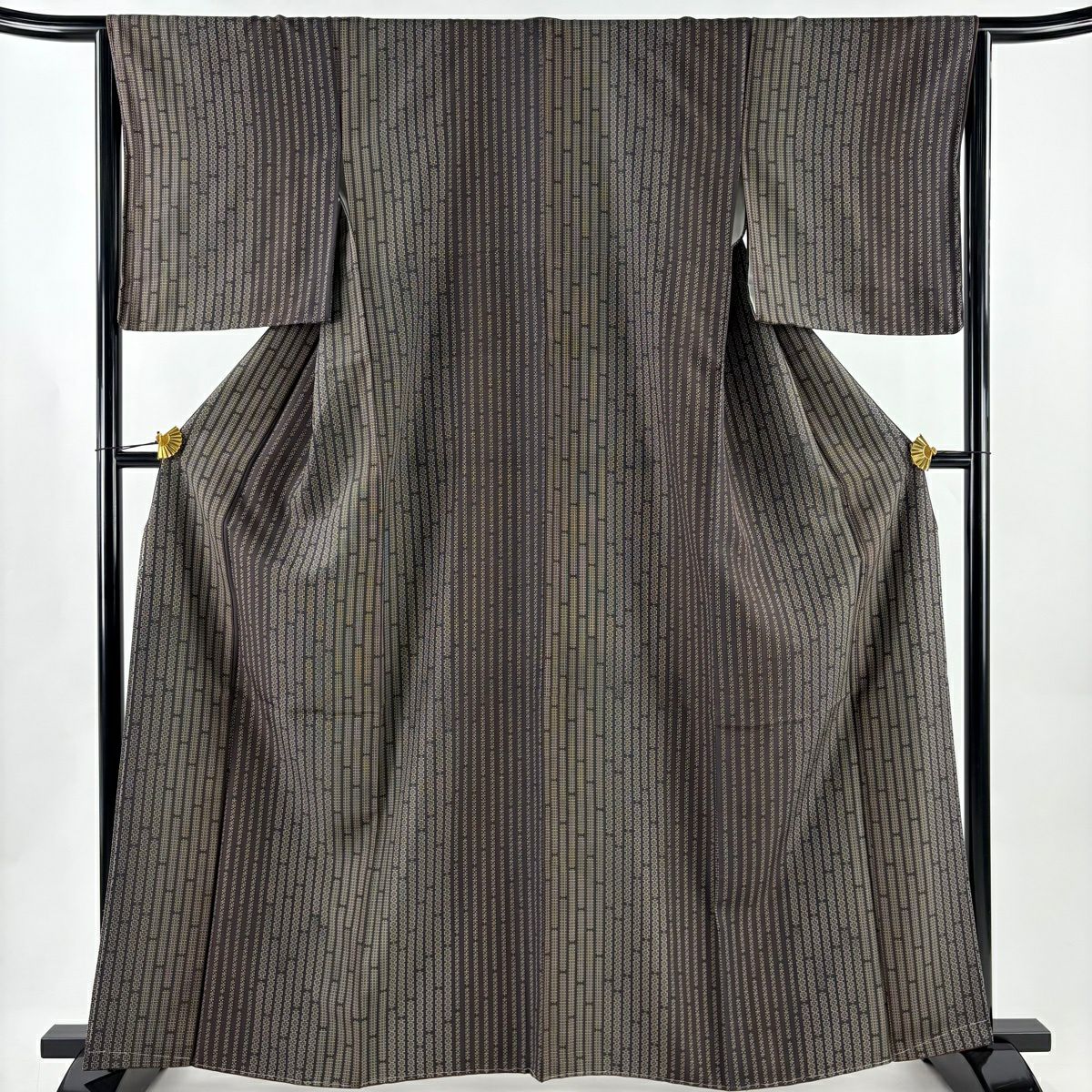 【美品】 小紋 身長164cm 袖長65.5cm M 雙層 紬織織 幾何圖案 漸層 焦茶 純蠶絲 優品級