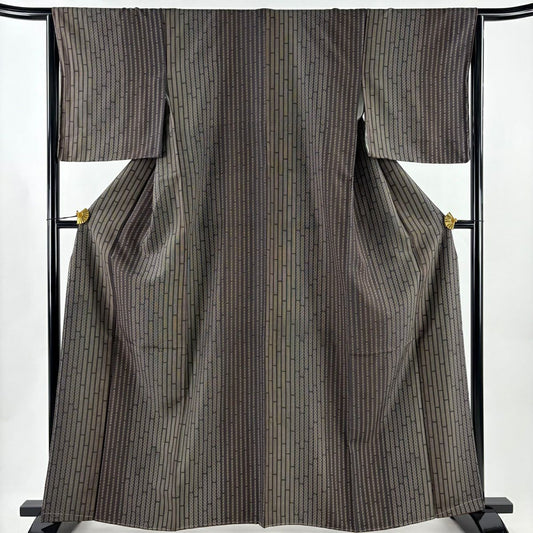 【美品】 小紋 身長164cm 袖長65.5cm M 雙層 紬織織 幾何圖案 漸層 焦茶 純蠶絲 優品級