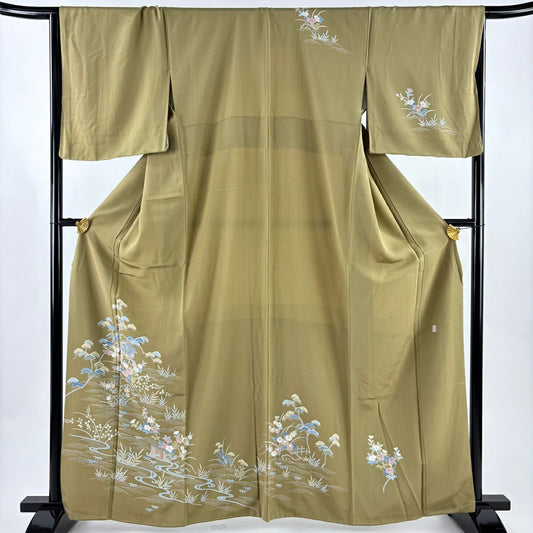 訪問服 身長163cm 袖長66cm M 雙層 落款あり 家屋 草花紋紋 茶綠 純蠶絲 秀品級