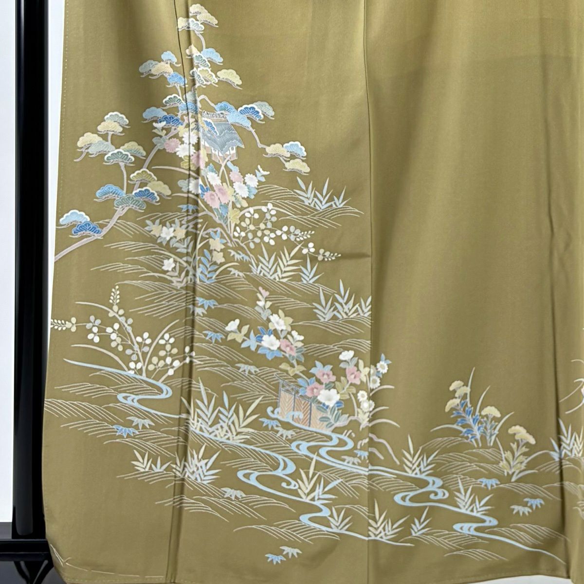 訪問服 身長163cm 袖長66cm M 雙層 落款あり 家屋 草花紋紋 茶綠 純蠶絲 秀品級