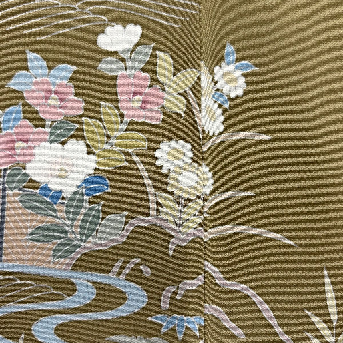 訪問服 身長163cm 袖長66cm M 雙層 落款あり 家屋 草花紋紋 茶綠 純蠶絲 秀品級