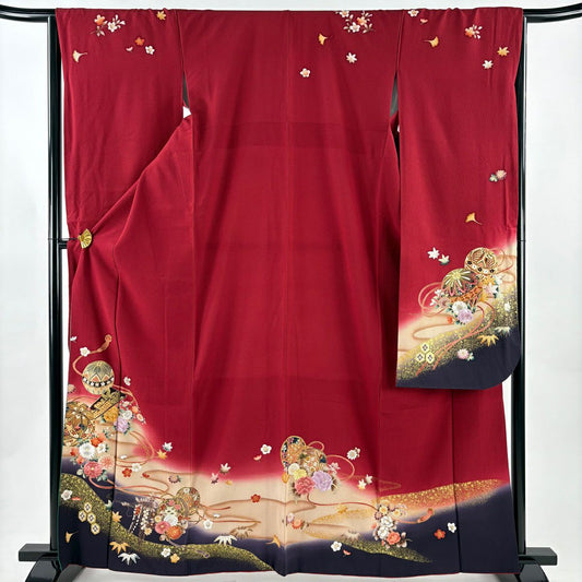 【美品】振袖禮服 身長163cm 袖長65.5cm M 雙層 手鞠 鼓 金銀彩 刺繡 紅 純蠶絲 秀品級