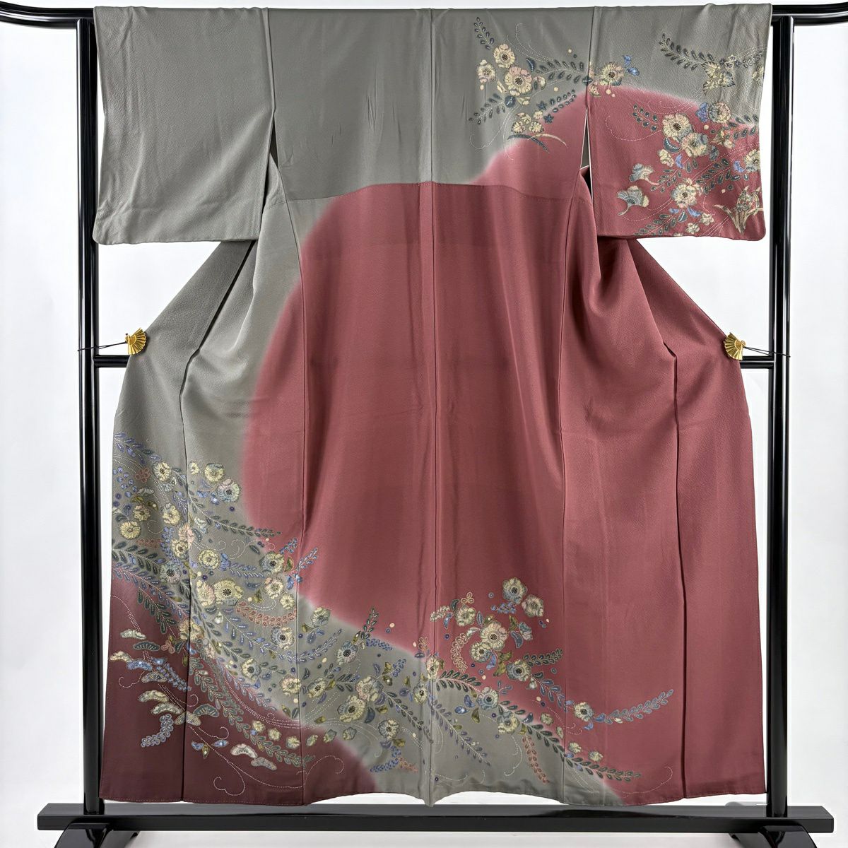訪問服 身長156.5cm 袖長64cm M 雙層 辻花染 金彩裝飾 染分 灰綠 純蠶絲 秀品級