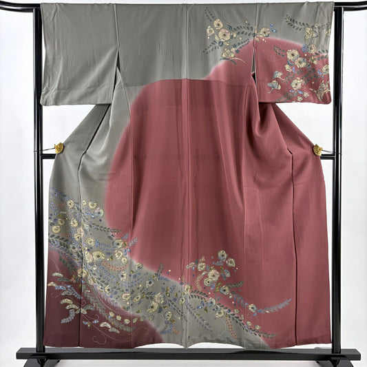 訪問服 身長156.5cm 袖長64cm M 雙層 辻花染 金彩裝飾 染分 灰綠 純蠶絲 秀品級
