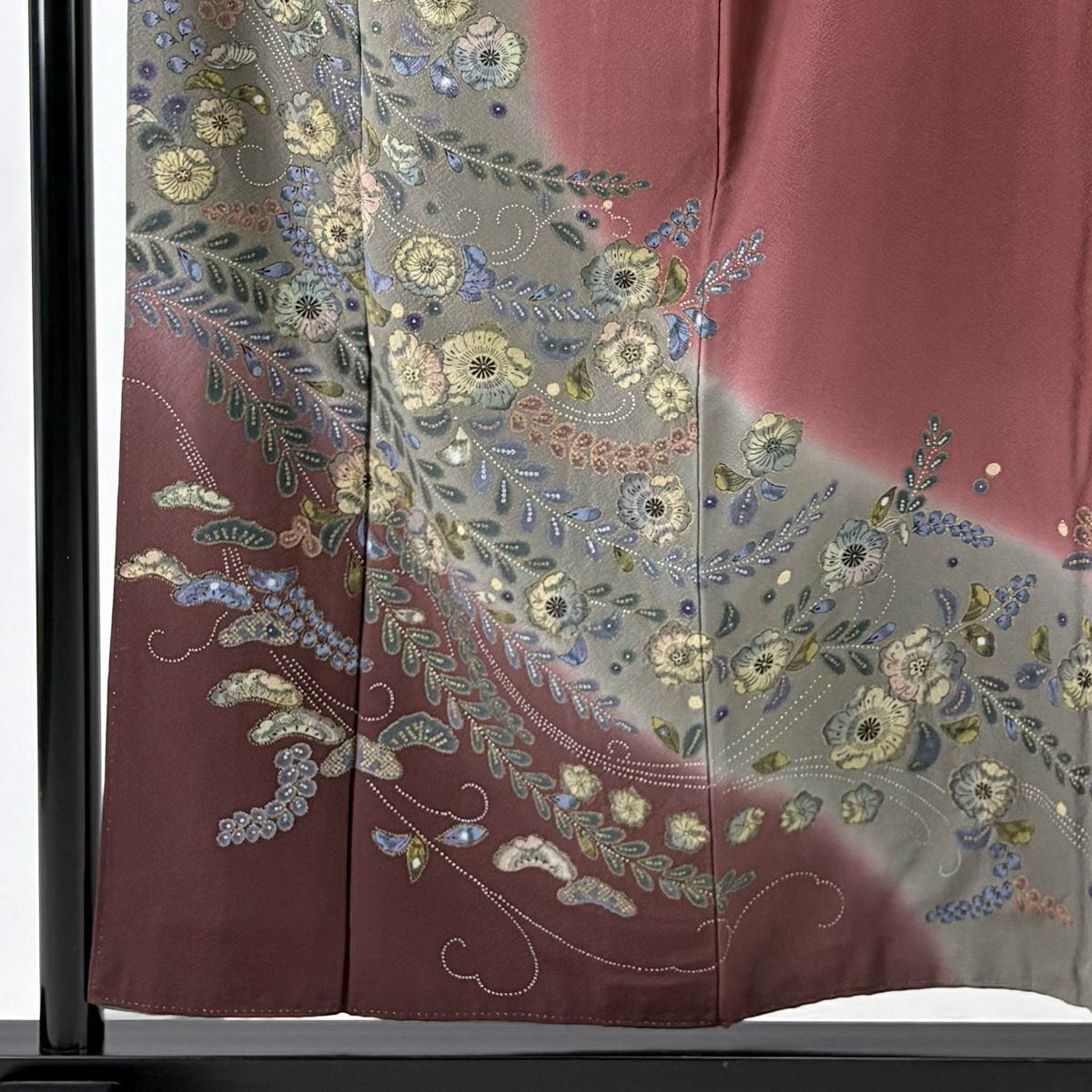訪問服 身長156.5cm 袖長64cm M 雙層 辻花染 金彩裝飾 染分 灰綠 純蠶絲 秀品級