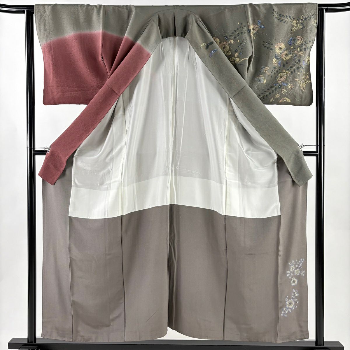 訪問服 身長156.5cm 袖長64cm M 雙層 辻花染 金彩裝飾 染分 灰綠 純蠶絲 秀品級