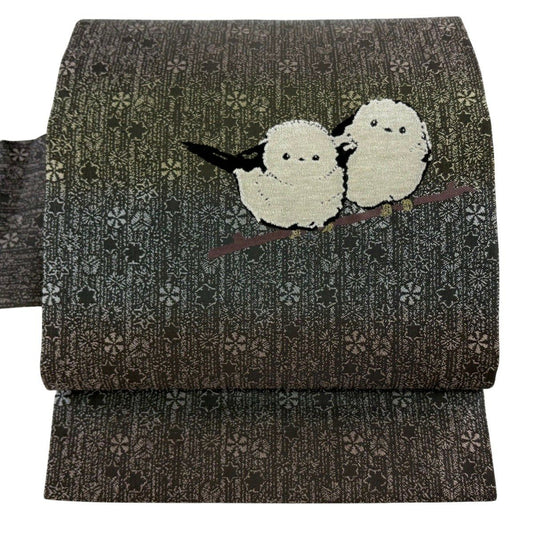 【美品】 名古屋帶 逸品級 落款あり 光蔵 鳥 シマエナガ 金糸 ぼかし 灰色 純蠶絲