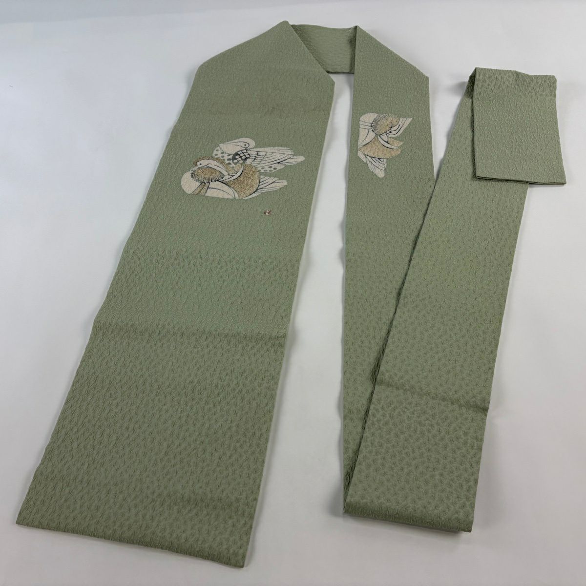 名古屋帶 逸品級 人間國寶 羽田登喜男 落款 鴛鴦 金通 金銀彩 灰綠 純蠶絲